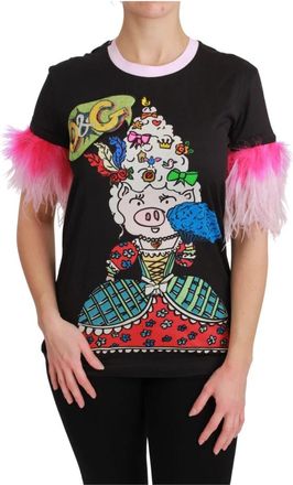 Dolce & Gabbana Jaar van het Varken T-shirt- Kleurrijke Crewneck Top - Dames - T-shirts - Veelkleurig - S - Katoen - Tops