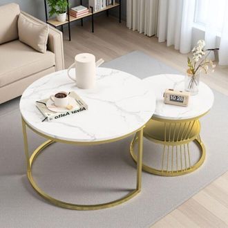 OEM Mesa Bajita - Dise&ntilde;o Lujo - Madera Y Metal Dorado - &Oslash;70/45cm - Mesas Apilables Blancas Y Doradas