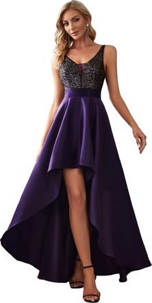 Ever-pretty Womens V Neck Elegant A Line Hi-Low Empire Waist Satin Skirt Long Cocktail Evening Gowns with Sequin Dark Purple 26UK