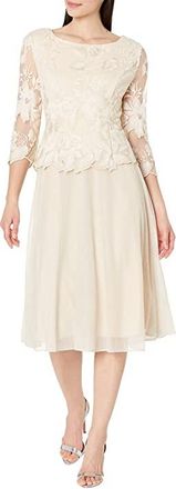 Alex Evenings Tea Length Embroidered Dress with Illusion Sleeve and Scallop Detail Full Skirt Womens Evening Taupe : 14