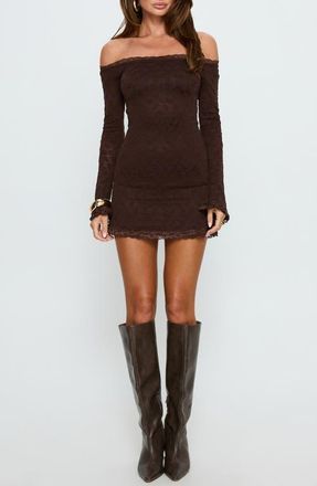 Princess Polly Avenues Off the Shoulder Long Sleeve Lace Minidress in Chocolate at Nordstrom, Size 10