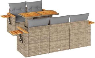 vidaXL 6 Piece Garden Sofa Set with Cushions Beige Poly Rattan Acacia vidaXL