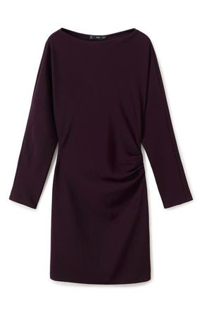 Mango Boat Neck Long Sleeve Ruched Minidress in Wine at Nordstrom, Size 10