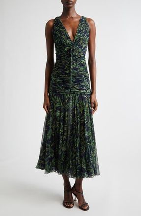Carolina Herrera Print Ruched Silk Chiffon Dress in Midnight Multi at Nordstrom, Size 14