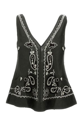 P.A.R.O.S.H. Intricate Embroidered Linen Top with V-Neckline