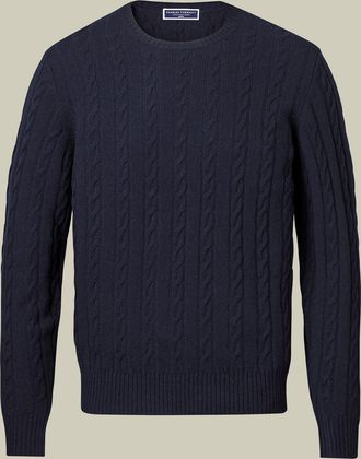 CHARLES TYRWHITT Cable Merino Crew Neck Wool Jumper - Navy Size Large by Charles Tyrwhitt