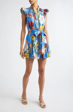 Alice & Olivia Cora Flora Stretch Cotton Minidress in Endless Blossom Blue Iris at Nordstrom, Size X-Large