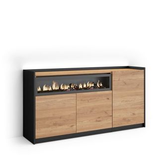 Skraut Home Aparador efecto madera roble y negro 156x37x80cm chimenea efecto fuego