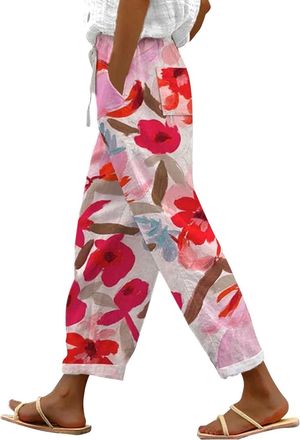 Generic Plus Size Ladies Black Linen Trousers Womens with Pockets Drawstring White Straight Elastic Waist Long Casual Wide Leg Smocked Pants Loose Womens Fash