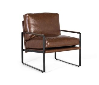 Giner&Colomer Sill&oacute;n industrial en hierro negro y s&iacute;mil piel marr&oacute;n envejecido