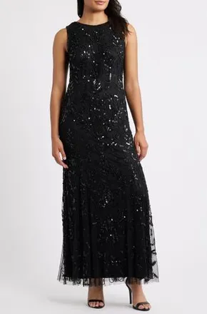 Pisarro Nights Beaded Sleeveless Gown in Black at Nordstrom Rack, Size 14