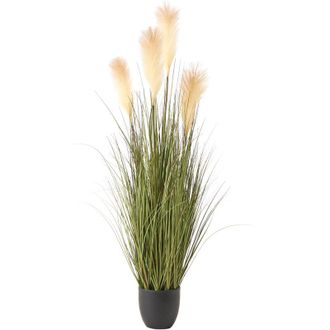 Beliani Planta Artificial En Maceta Para Interior Decoraci&oacute;n De Pl&aacute;stico Con Maceta Negra 120 Cm Hojas Verdes Y Flores Blancas De Junco Pampas Grass