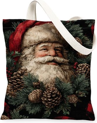 Generic Christmas Canvas Tote Bags, Vintage Santa Claus Design Lightweight Reusable Shopping Bags for Holiday Travel Beach Gifts 13x15 Inch