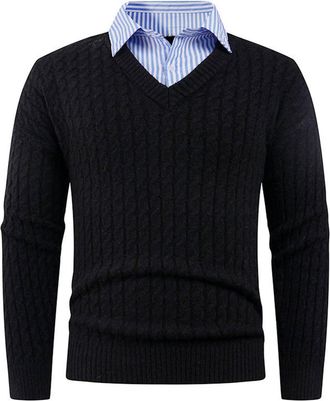 Generic Mens Jumper with Mock Shirt Collar Classic Casual Sweaters Pullover V-Neck Long Sleeve Knitwear Fashion Solid Color Lightweight Polo Shirts Mens Winte