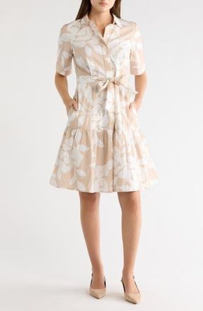 Calvin Klein Floral Short Sleeve Cotton Shirtdress in Cashew/Cream at Nordstrom Rack, Size 12