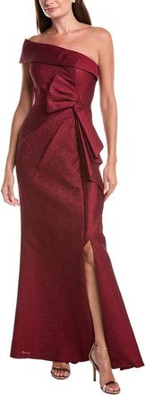 Teri Jon by Rickie Freeman Metallic Jacquard One-Shoulder High-Low Bow Gown