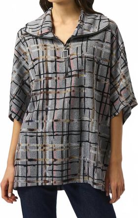 Joseph Ribkoff Plaid Print Zipped Collar Sweater Top In Grey/multi