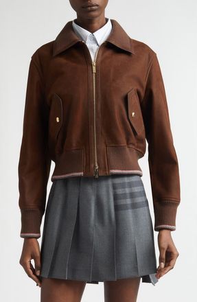 Thom Browne Crop Leather Flight Jacket in Tiramisu at Nordstrom, Size 12 Us