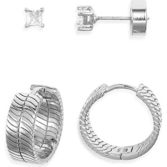 Nordstrom Demifine Herringbone Hoop & Cubic Zirconia Stud Set in Sterling Silver Plated at Nordstrom Rack