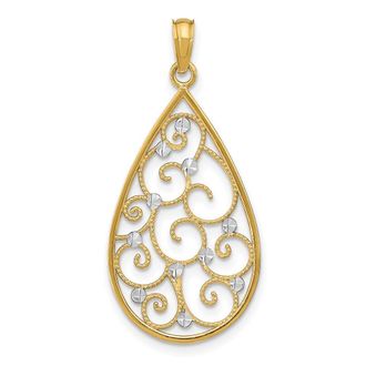 Diamond2Deal 14k Yellow Gold Rhodium Beaded Filigree Diamond-Cut Teardrop Charm