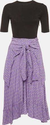 Maje Black/purple Bow Print Jersey And Crepe Trompe Loeil Midi Dress