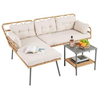 Costway Costway 3 Pieces PE Rattan L-Shaped Corner Patio Furniture Sofa Set in Brown
