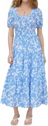 August Sky Floral Puff Sleeve Smocked Tiered Midi Dress In Dried Blue