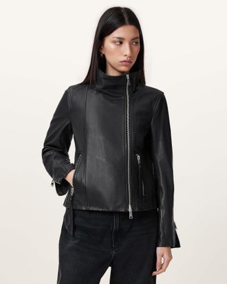 AllSaints Lamb Leather Ellis Leather Funnel Neck Biker Jacket, Size: UK 16/US 12