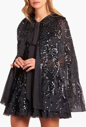 Needle & Thread Sequin Ribbon Hooded Cape in Graphite at Nordstrom, Size Small