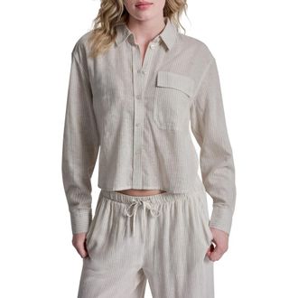 DKNY Striped Long Sleeve Linen Blend Top in Pebble/Ivory at Nordstrom Rack, Size X-Large