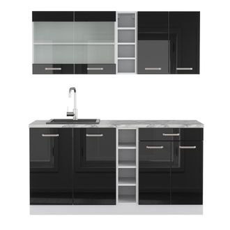 Vicco Cocina Para Solteros R-line, Negro Brillo Intenso, 160 Cm, Et M&aacute;rmol