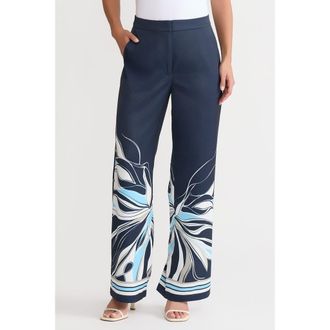 Ming Wang Crepe de Chine Wide-Leg Floral Abstract Pants in Indigo/white/serene at Nordstrom, Size Xx-Small