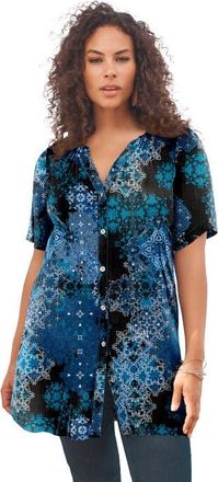 Roaman's Plus Size Angelina Crinkle Crepe Y Neck Short Sleeve Tunic in Black Layered Medallion at Nordstrom, Size 38