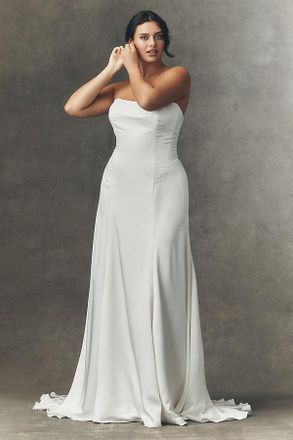 Watters Audrey Satin Lace-Sleeve A-Line Wedding Gown