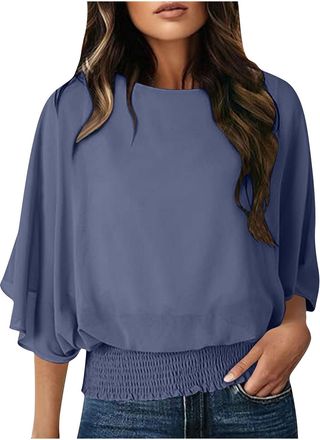 Generic Womens Blouses Ruffle 3/4 Sleeve Tops Loose Flowy Crew Neck Chiffon Top Elastic Smocked Waist Blouse Double Layers Mesh Shirts Elegant Casual Solid La
