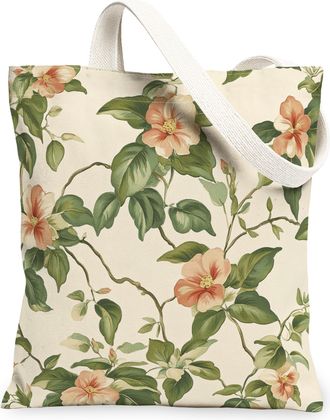 Generic Spring Lmpatiens Flower Canvas Tote Bag for Shopping 13x15, Vintage Wildflower Florals Reusable Grocery Print Pattern Bag for Women, Aesthetic Beach A