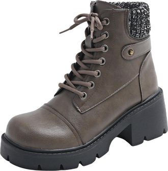 Generic Womens Lace Up Boots Comfortable Knit Collar Chunky Heel Booties for Women Stylish Round Toe Thick Sole Non-Slip Classic Ankle Boots Office Parties