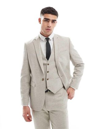 Asos slim suit jacket with wool in stone tweed-Neutral