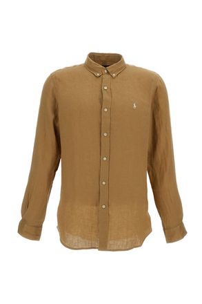 Polo Ralph Lauren Tailored Brown Linen Shirt with Button-Down Collar