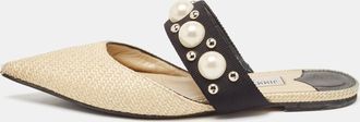 Jimmy Choo London Cream/black Canvas And Raffia Embellished Mules