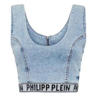 Philipp Plein Tops, Dames, Blauw, S, Denim, Gothic Plein Denim Top