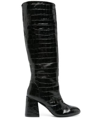 Stuart Weitzman 90mm crocodile-effect leather boots - women - Calf Leather/Calf Leather/Fabric/Calf Leather - 35 - Black