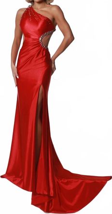 Johnathan Kayne Satin Mermaid Cutout Gown With Slit In Cherry