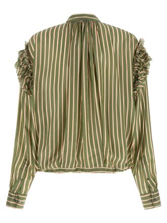Dries Van Noten Striped Cupro with Ruffle Trim Shirt - Green