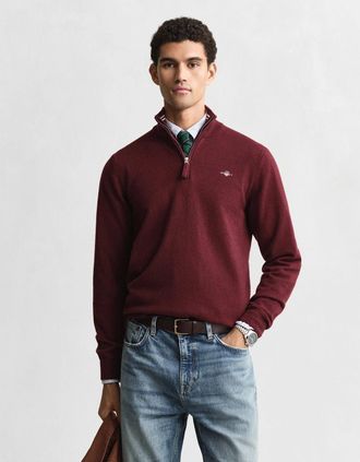 GANT Mens GANT Mens Superfine Lambswool Half Zip Cardigan - 677 Bordeaux Melange - Red - Size: 44