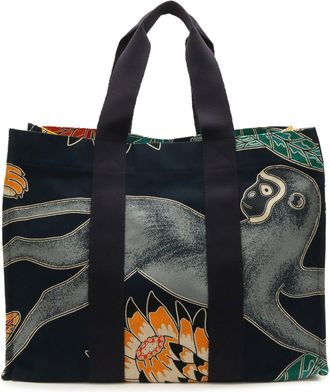 Herm&egrave;s Dark Navy Multi-Color Canvas Beach Bag Pouch Shoulder Bag Tote Bag (Pre-Owned)