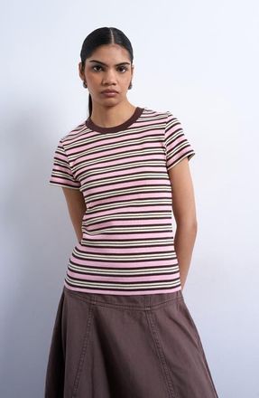 Topshop Stripe Short Sleeve Stretch Cotton Rib T-Shirt in Pink Multi at Nordstrom, Size X-Small