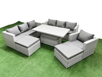 Fimous 6 PCs Rising Dining Table Set Rattan Furniture Set with 3 Seater Sofa in Light Grey