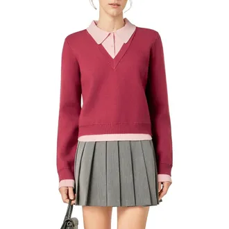 English Factory Layered Collar V-neck Sweater in Burgundy/Pink at Nordstrom, Size Small