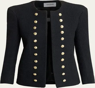 Balmain Collarless Tweed Fitted Jacket